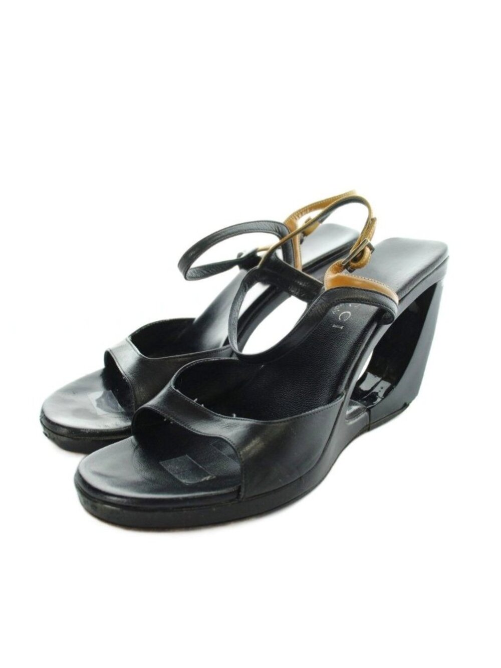 Gucci Vintage Sandals Open Wedge Sole Back Strap Leather Black